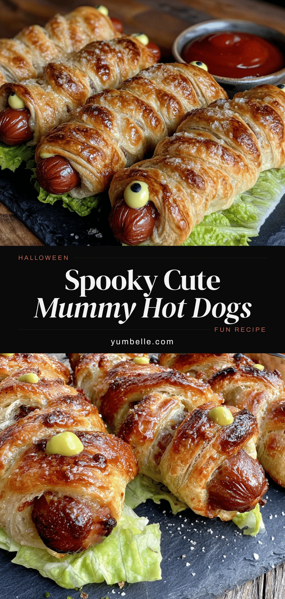 easy halloween mummy hot dogs with mustard eyes recipe